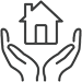 Simple black outline of two hands cupping upwards with a house icon placed above them, symbolizing protection, care, or support for a home.