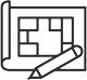 A simple line drawing of a rolled-up architectural blueprint with a pencil placed diagonally across the paper, showing a basic floor plan layout.