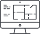 Line drawing of a computer monitor displaying a floor plan with rooms, doors, and text fields, representing architectural or interior design software.