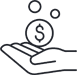 A simple line drawing of an open hand with a dollar coin and two small circles floating above it, symbolizing receiving or giving money.