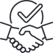 Outlined icon of two hands shaking, with a large checkmark symbol above them, representing agreement, partnership, or approved collaboration.