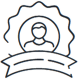 Outline icon of a person inside a gear, with a blank ribbon banner below, symbolizing achievement, certification, or award.