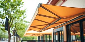 A bright orange retractable awning extends over the windows of a building, providing shade. Trees line the sidewalk outside, and the scene appears to be on a sunny day.
