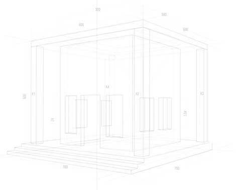 A faint, technical line drawing of a modern, box-shaped structure with steps in front and tall, rectangular columns, including faint numerical measurements throughout the sketch.