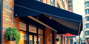 A navy blue awning extends over the entrance of a brick building, with large windows below. Hanging plants decorate the exterior, and other buildings are visible along the street.