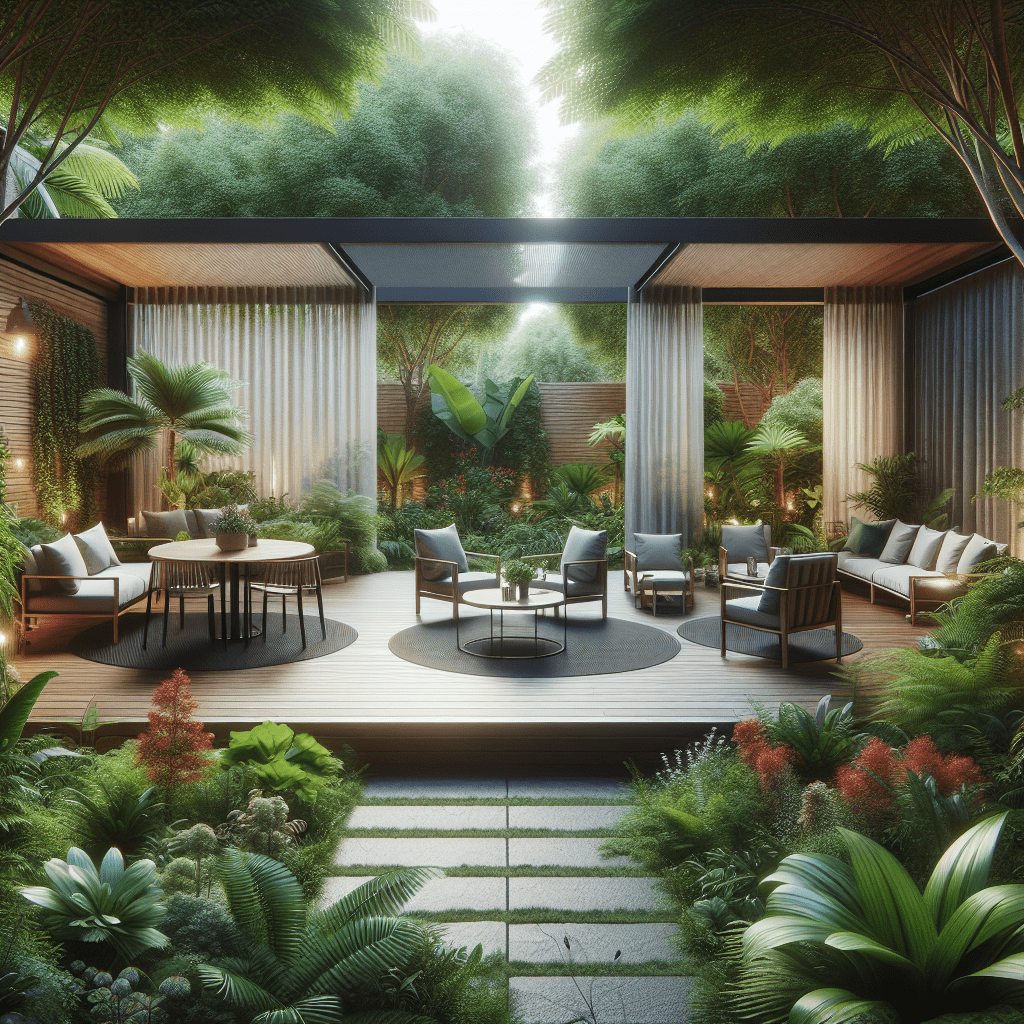 A variety of patio screens displayed in an outdoor setting showcasing retractable and fixed options with vibrant greenery