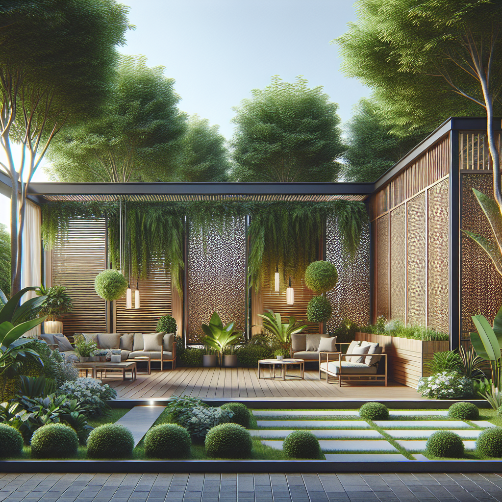 A well-designed outdoor space featuring various types of patio screens installed with plants around them showcasing functionality and style