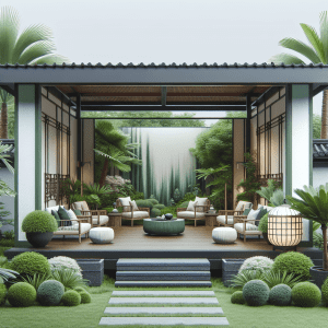 A modern outdoor lounge with Asian-inspired design features cozy seating, potted plants, a manicured garden, lanterns, and a serene waterfall mural in the background. Stone steps lead to the inviting, open-sided structure.
