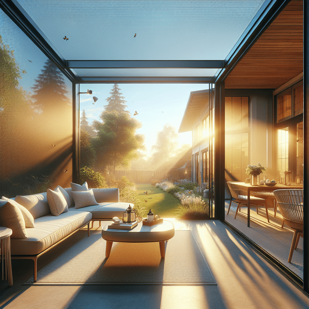 A beautiful backyard with retractable patio screens installed around a cozy seating area, showcasing sunlight filtering through the mesh while keeping bugs out