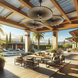 A luxurious outdoor patio with modern lounge furniture, large ceiling fans, wooden beams, and a view of a pool, palm trees, and mountains under a sunny sky.