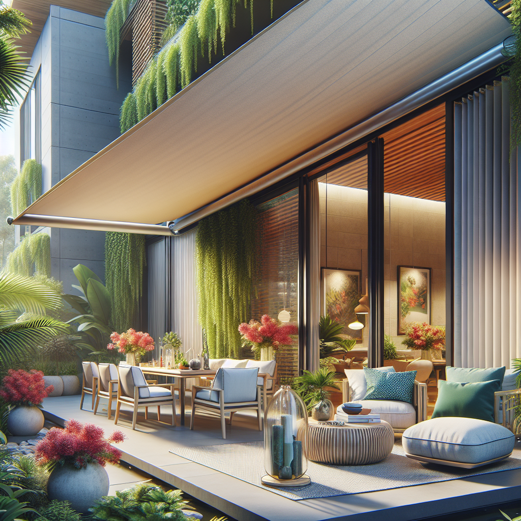 A stylish modern home featuring an elegant retractable awning over a beautifully decorated patio area with colorful plants and furniture