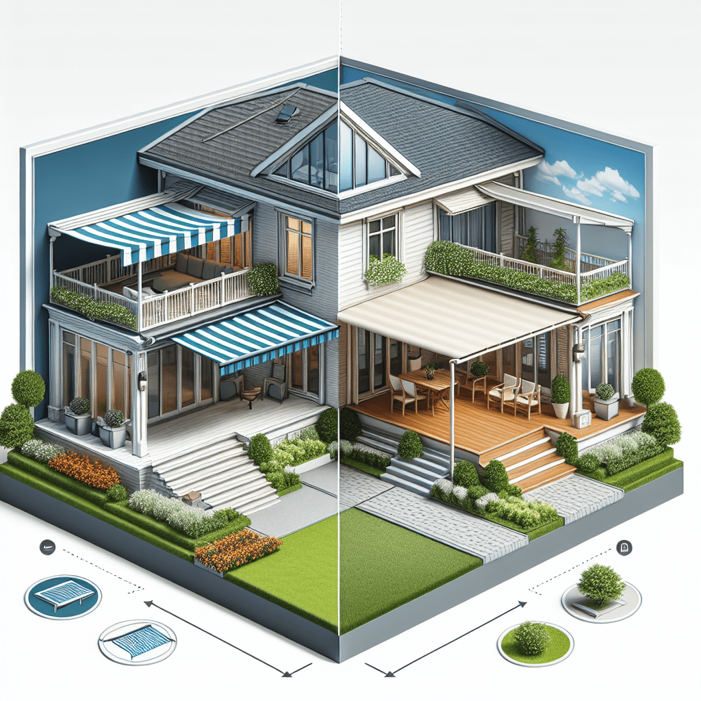 A side-by-side comparison of retractable and fixed awnings on two homes showcasing the differences in design and functionality
