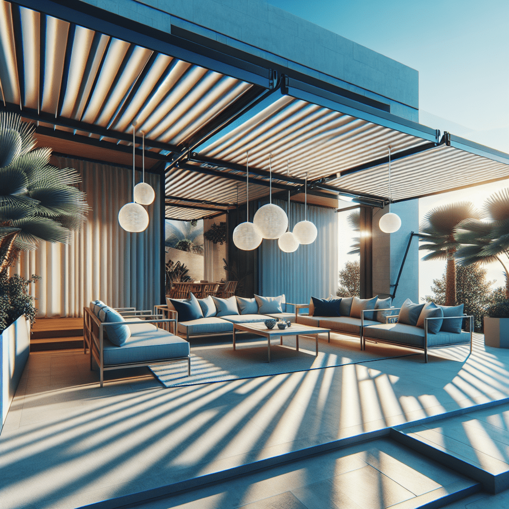 A stylish patio with retractable sun shades providing shade over a modern outdoor seating area
