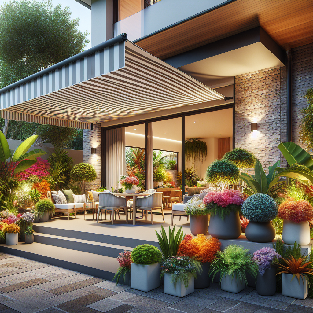 A modern house with a stylish retractable awning extending over a beautiful patio area filled with plants and furniture
