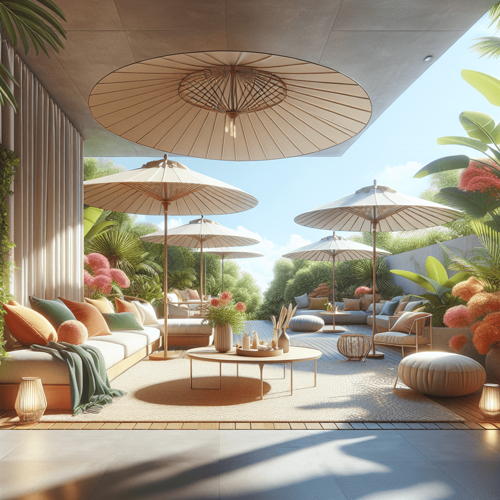 A vibrant outdoor space showcasing various stylish sun shades enhancing both comfort and aesthetics