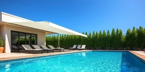 Modern house with large windows, sun loungers, and a retractable awning beside a clear blue swimming pool. Tall green hedges line the property under a bright blue sky.