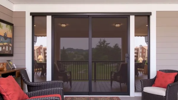 A screened sliding glass door opens to a balcony with a view of green lawns and trees. Wicker chairs with red cushions sit on either side of the door, with a rug and a framed painting visible indoors.