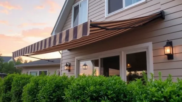 A striped retractable awning extends over the patio door of a beige house with large windows and outdoor wall lanterns, above a row of neatly trimmed green bushes at sunset.
