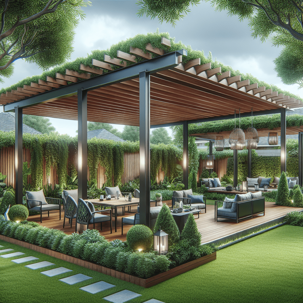 A luxurious backyard featuring a smart retractable pergola with adjustable canopy and remote control functionalities, surrounded by lush greenery and stylish outdoor furniture