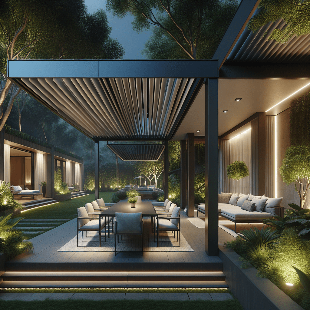 A modern outdoor space featuring a stylish retractable pergola with adjustable canopy over a dining area, surrounded by greenery and ambient lighting