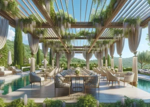 An elegant outdoor dining area features a pergola covered in hanging greenery and draped curtains, with modern chairs and tables set beside a narrow pool, overlooking lush green hills under a clear blue sky.