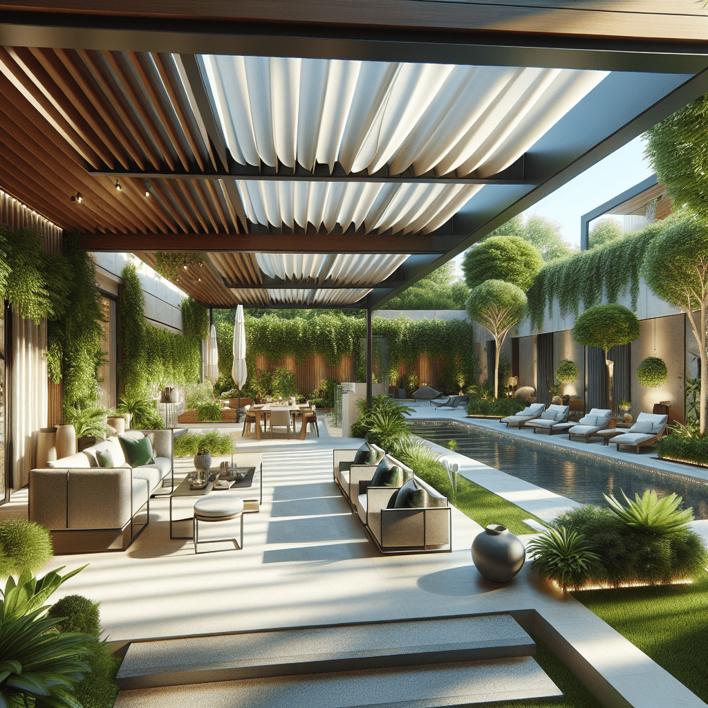 A modern backyard featuring a stylish smart retractable pergola with an automatic roof system, surrounded by lush greenery and contemporary outdoor furniture